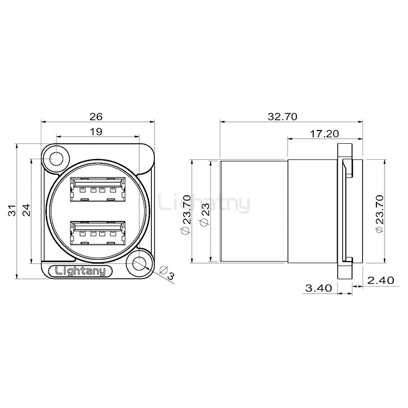 USB2.0-2W方形金屬插座 A口